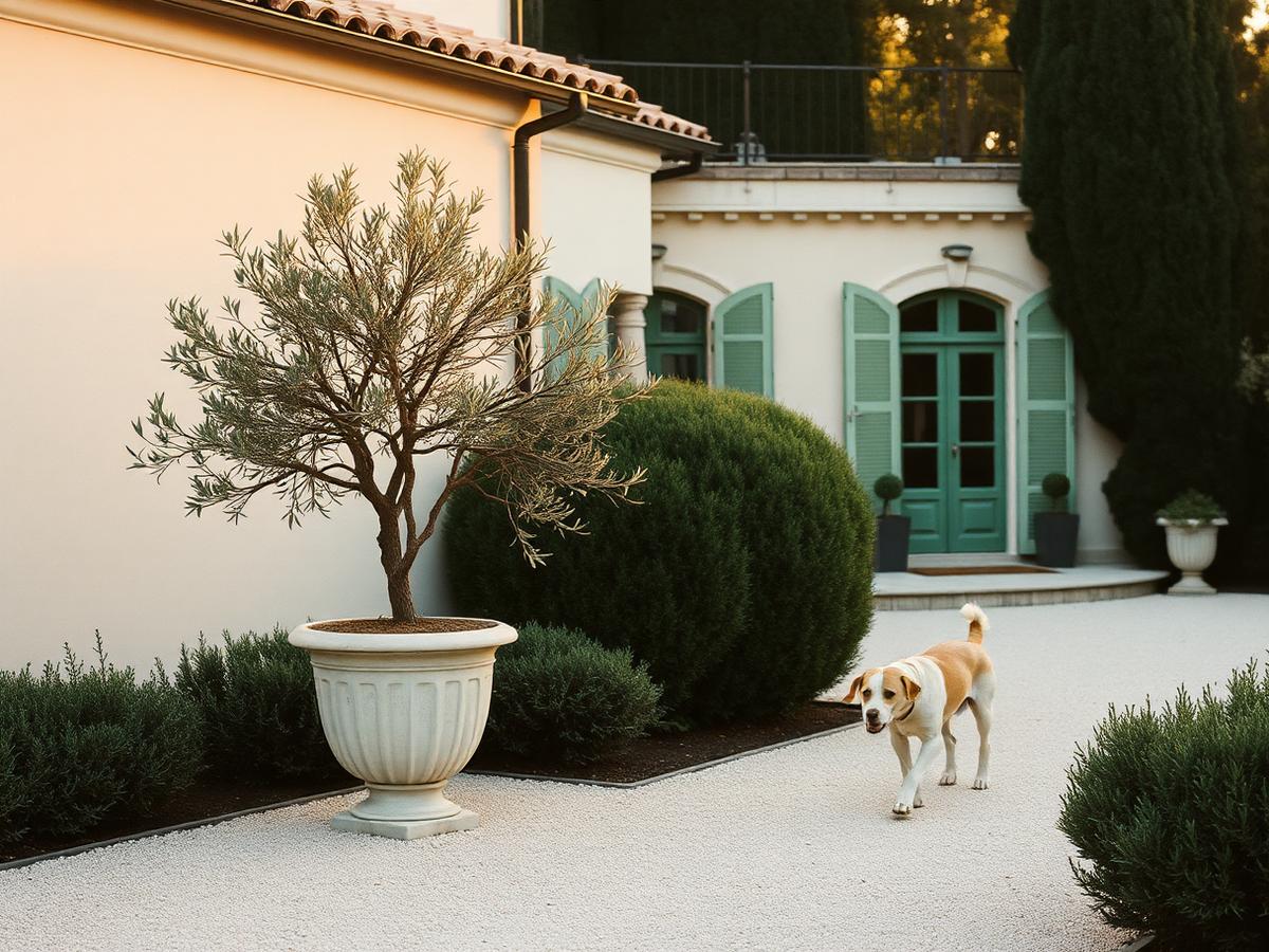 Dog walking on a gravel path beside an olive tree at a villa terrace