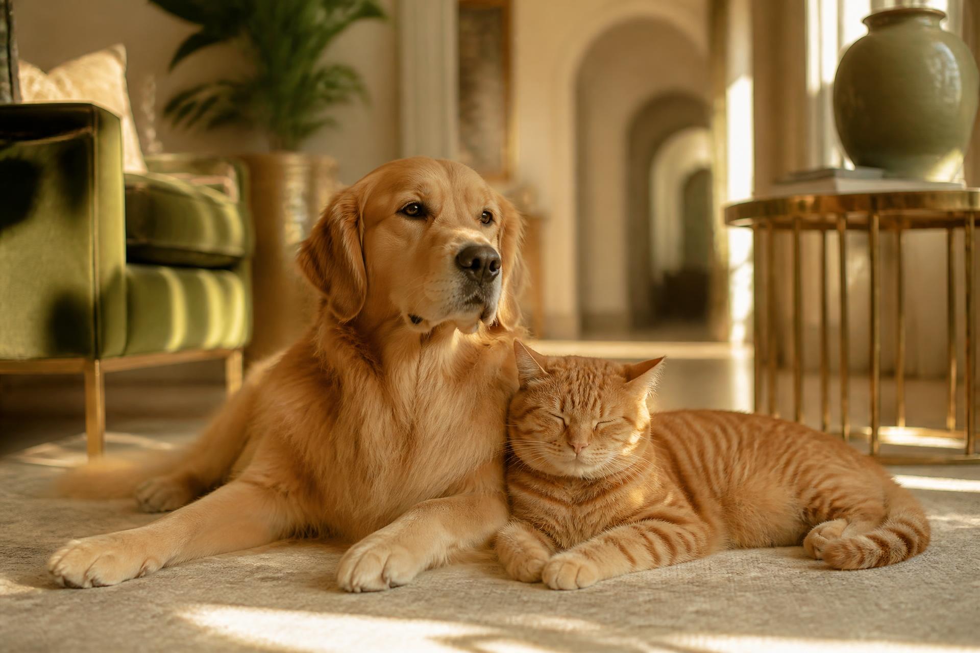 Golden retriever and ginger cat resting together in a sunlit villa